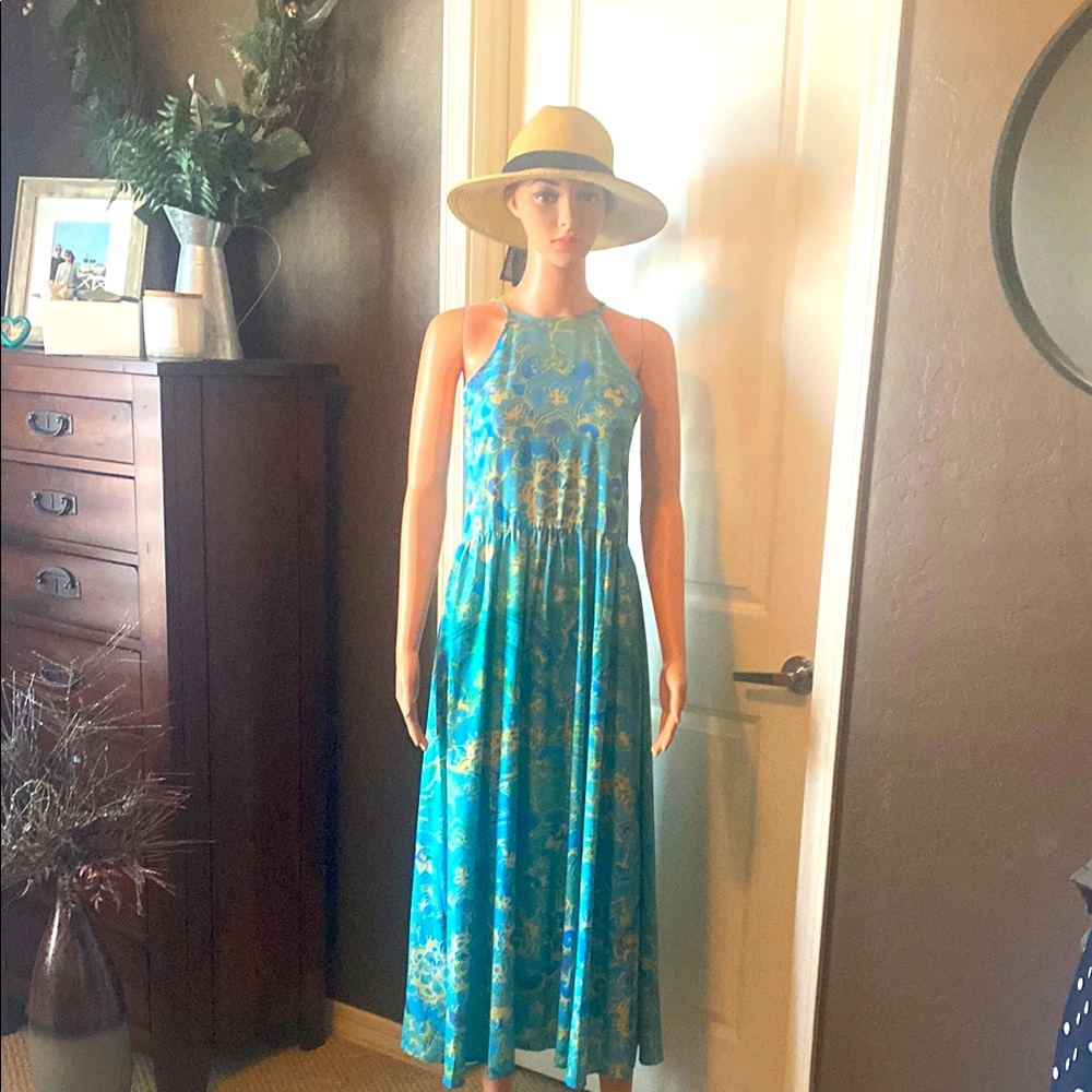 Vibrant Blue and Yellow Halter Maxi Sundress size M